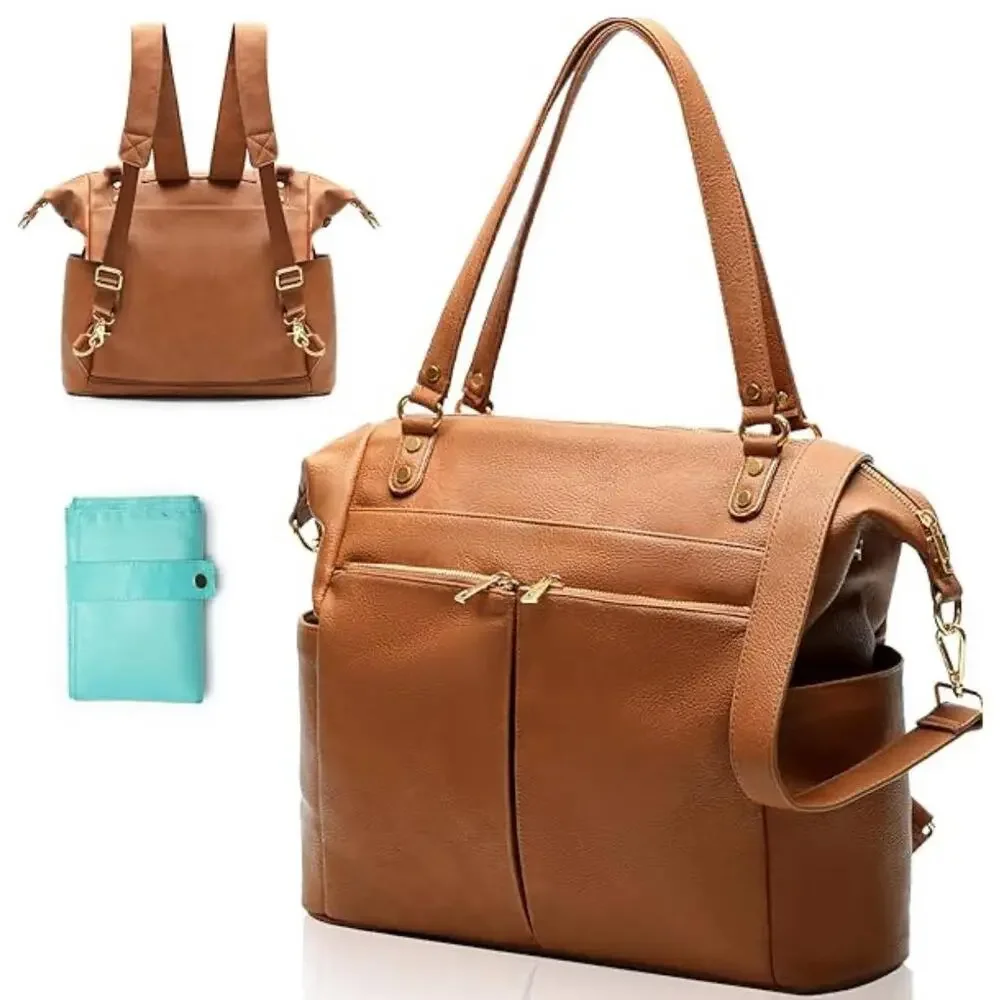 Mominside Diaper Backpack Tote Bag Brown Vegan Convertible Insulated Waterproof